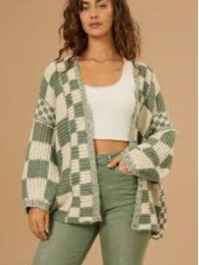Altar'd State Chunky Knit Check Cardigan Green White Open XS/S Long Sleeve